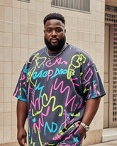 Plus Size Men's Irregular Neon Personality Graffiti Print T-Shirt Pocket Shorts Suit